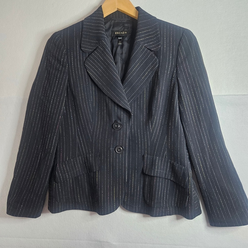 Escada Blazer‎ Black Pinstripe Multi Color Metallic Two Button Jacket Size 38